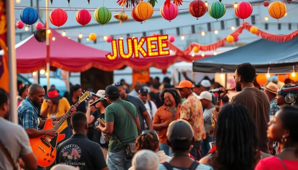 Generate an image of the Juke Joint Festival in Clarksdale, Mississippi, showcasing live music performances.