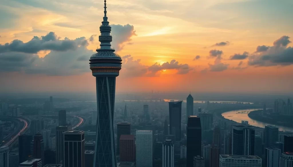 Generate an image of the KL Tower with its SkyDeck and Skybox, showcasing panoramic views of Kuala Lumpur.