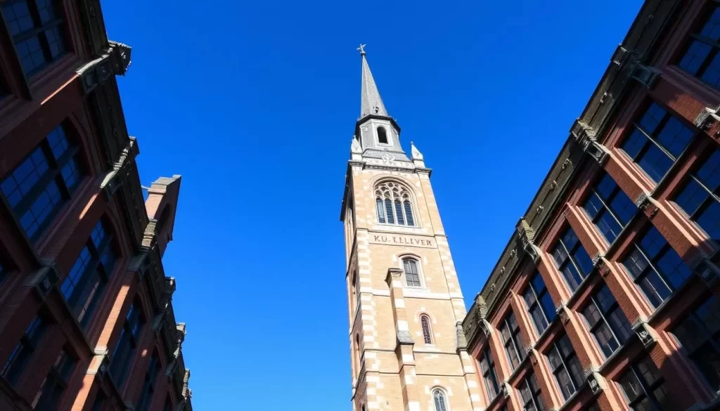 Generate an image of the KU Leuven University Library's striking architecture and its prominent bell tower.