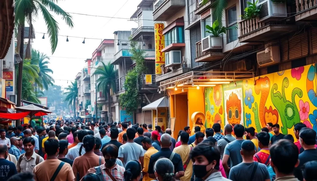 Generate an image of the Kala Ghoda Arts Festival in Mumbai, showcasing vibrant street art and cultural performances.