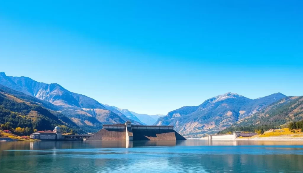 Generate an image of the Kaprun Dam with its massive reservoir and surrounding mountains.