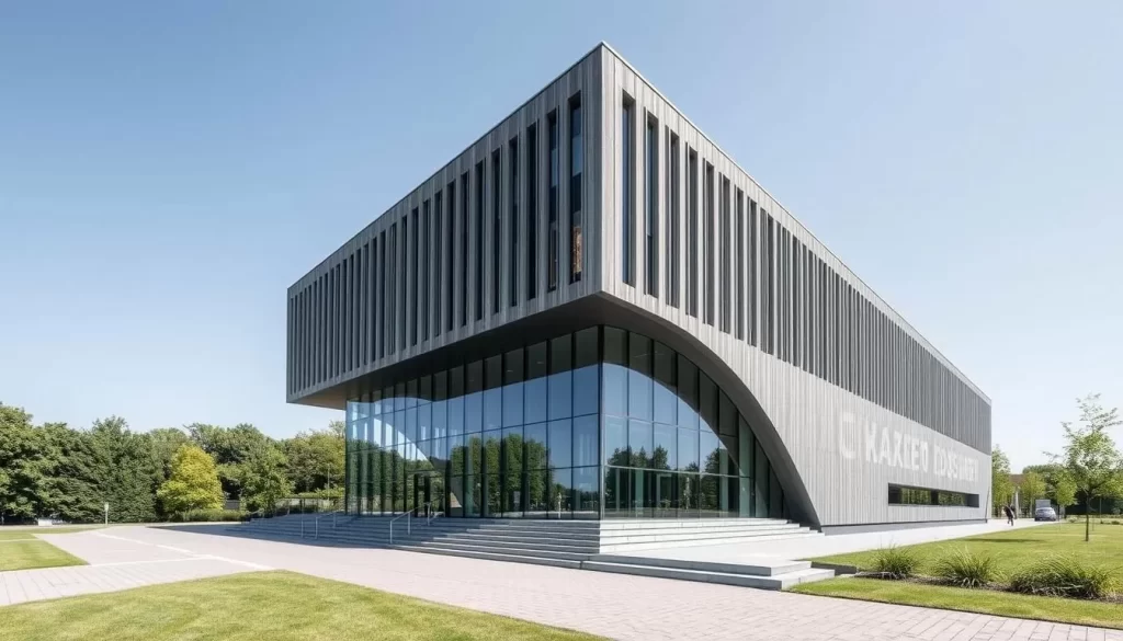 Generate an image of the Kazerne Dossin Memorial & Museum's modern architecture standing in contrast to its historical significance.