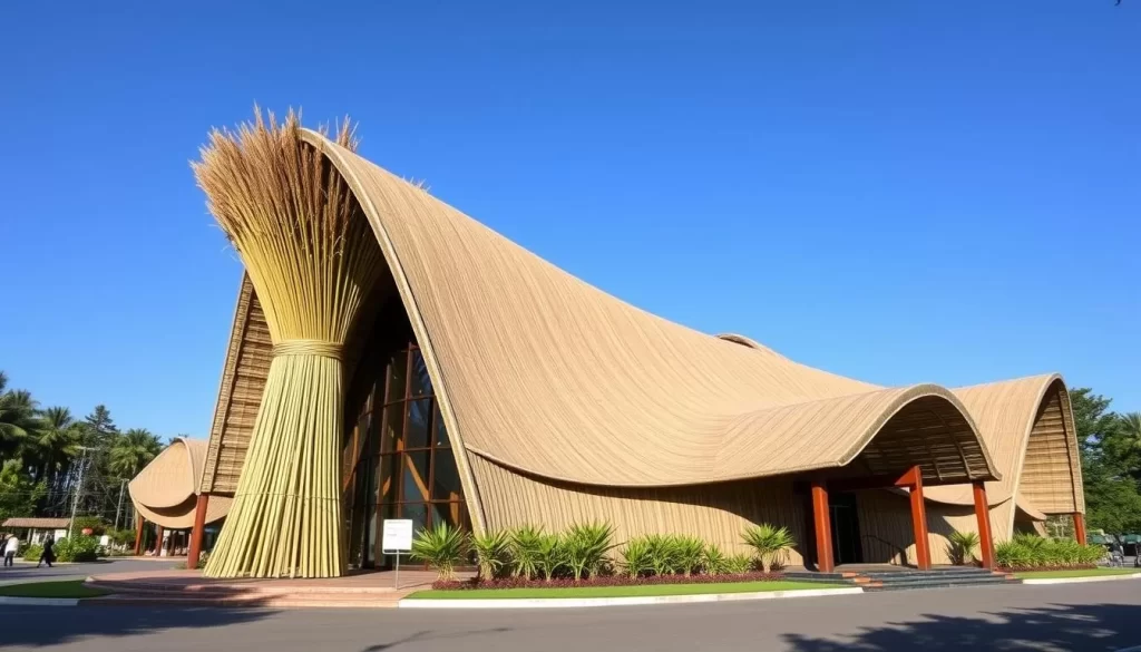 Generate an image of the Kedah Paddy Museum's exterior, showcasing its unique architecture resembling bundles of paddy stalks.