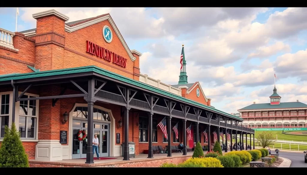 Generate an image of the Kentucky Derby Museum's exterior with Churchill Downs in the background.