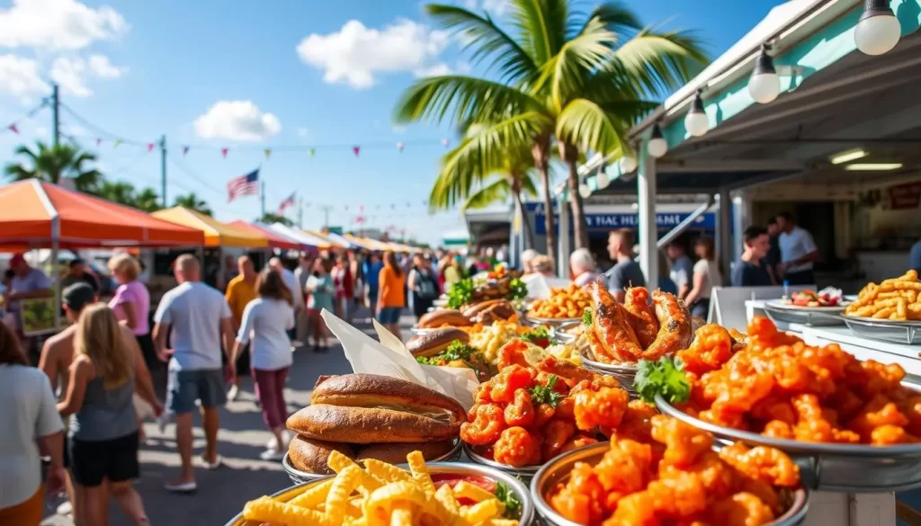 Generate an image of the Key West Seafood Festival, showcasing a variety of seafood dishes and a lively atmosphere.