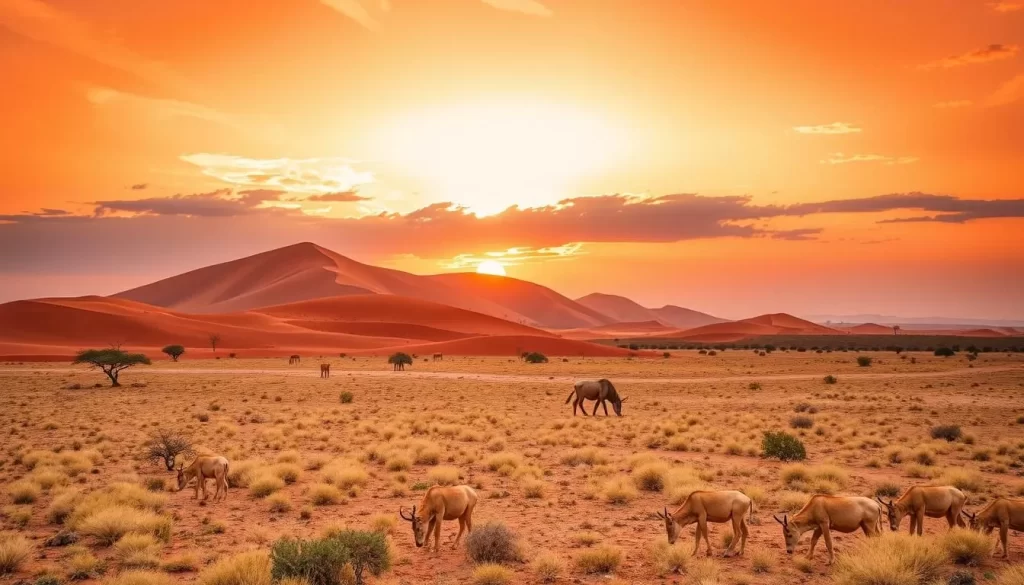 Generate an image of the Kgalagadi Transfrontier Park landscape with red sand dunes and wildlife.