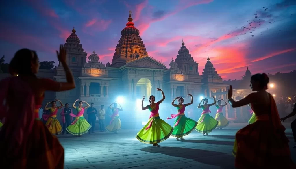 Generate an image of the Khajuraho Dance Festival with dancers performing in front of the intricately carved temples.