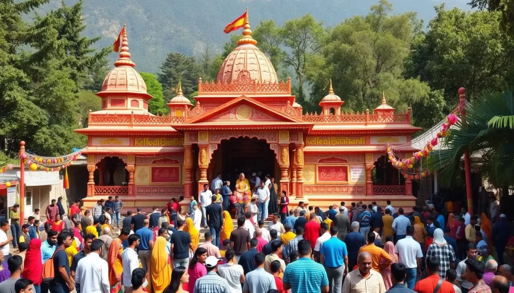 Generate an image of the Kheer Bhawani Temple in Tulmulla, Ganderbal district, during the Kheer Bhawani Mela.