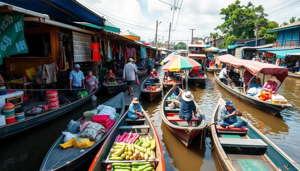 Generate an image of the Khlong Hae Floating Market, highlighting its vibrant colors and lively atmosphere.