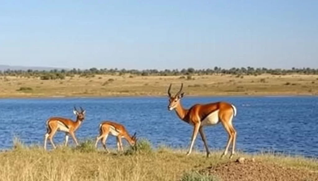 Generate an image of the Kisumu Impala Sanctuary with impalas grazing near Lake Victoria.