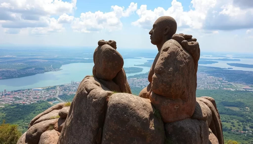 Generate an image of the Kit Mikayi rock formation with a panoramic view of Kisumu City and Lake Victoria in the background.