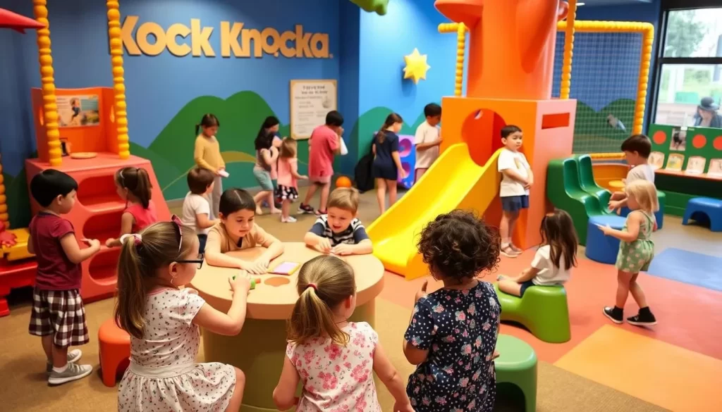 Generate an image of the Knock Knock Children's Museum's interactive play area with children engaged in various activities.