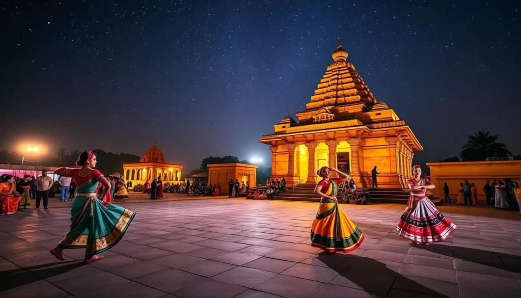 Generate an image of the Konark Dance Festival at the Sun Temple, showcasing classical dancers performing under the stars.