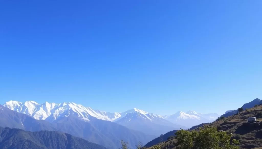 Generate an image of the Kuari Pass Trek with snow-capped mountains in the background.
