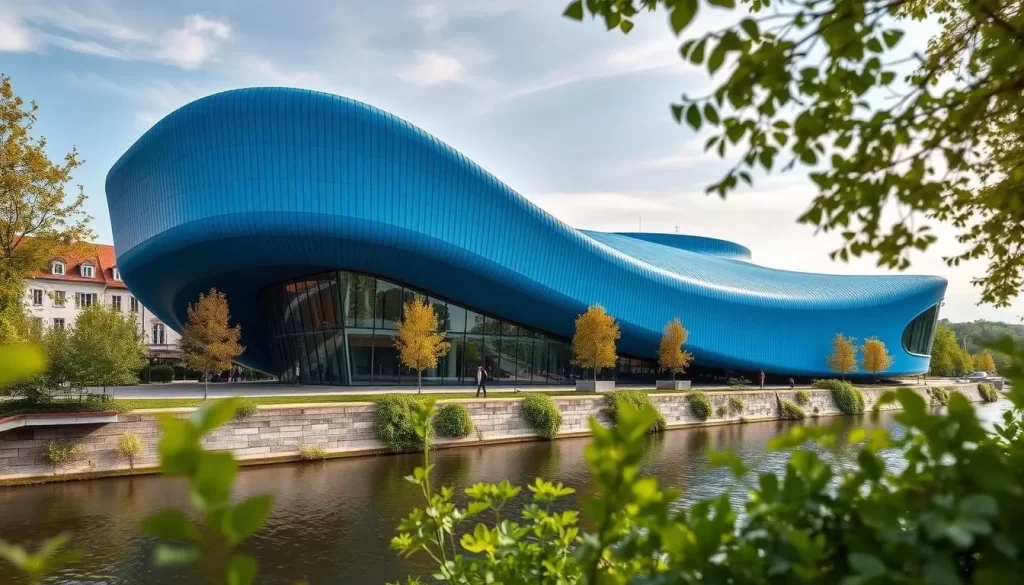 Generate an image of the Kunsthaus Graz, a blue biomorphic building by the Mur River.