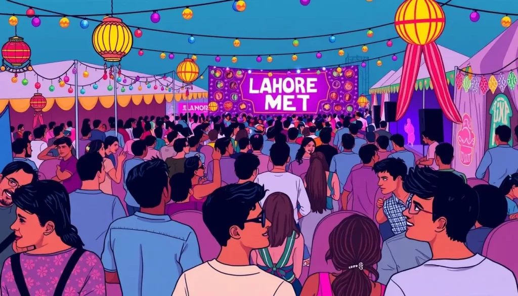 Generate an image of the Lahore Music Meet festival with attendees enjoying live music.