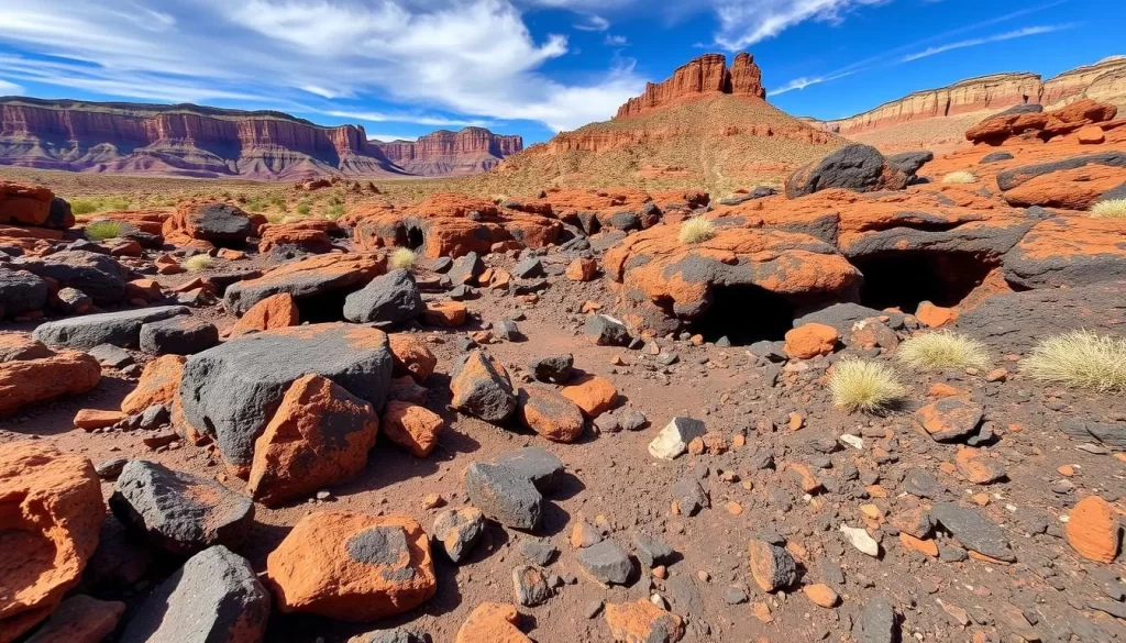 Generate an image of the Lava Flow Trail in Snow Canyon State Park, featuring lava rocks and lava tubes.