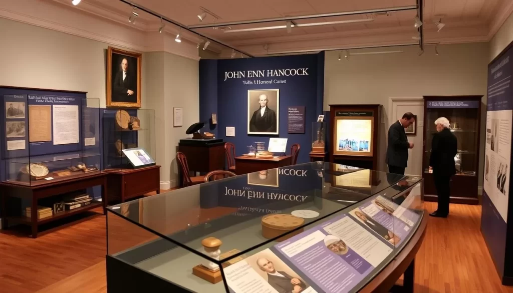 Generate an image of the Lexington Historical Society and Museum's exhibit on John Hancock, featuring artifacts and interactive displays.