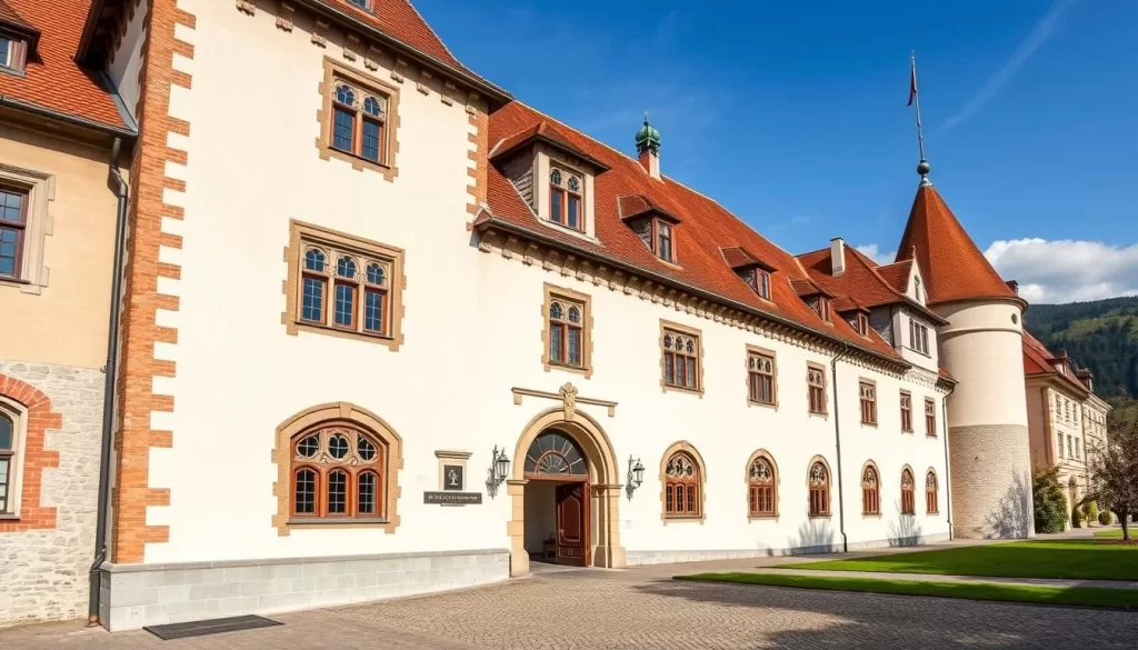 Generate an image of the Liechtenstein National Museum's facade, showcasing its 15th-century architecture.