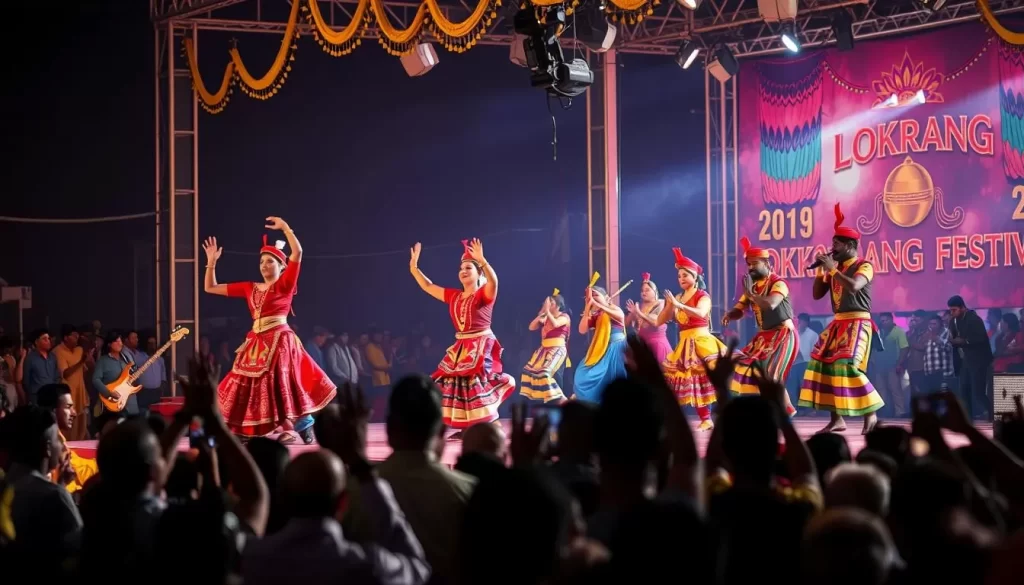 Generate an image of the Lokrang Festival in Bhopal, showcasing folk dancers and musicians performing on stage.