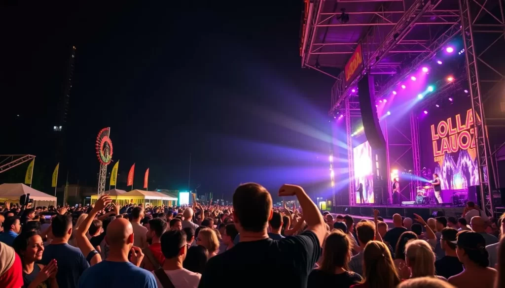 Generate an image of the Lollapalooza festival in Grant Park, Chicago, with a large crowd enjoying a performance.