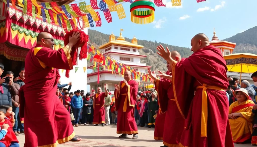 Generate an image of the Losar Festival celebration in Tawang, Arunachal Pradesh, featuring monks performing Cham dance.