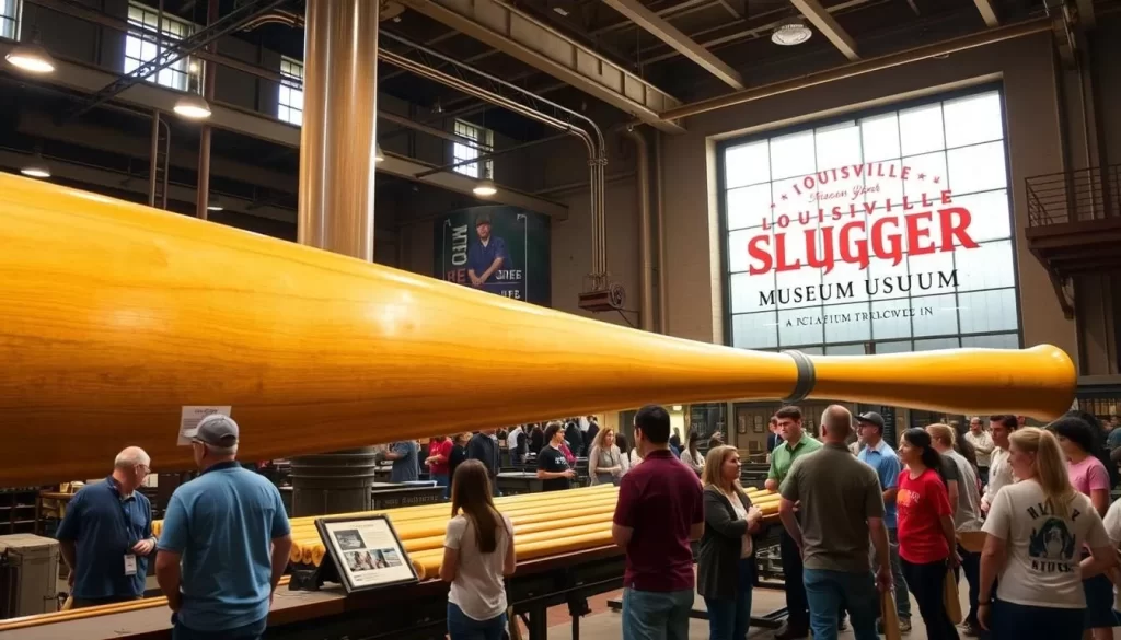 Generate an image of the Louisville Slugger Museum's giant bat and the factory tour in action.