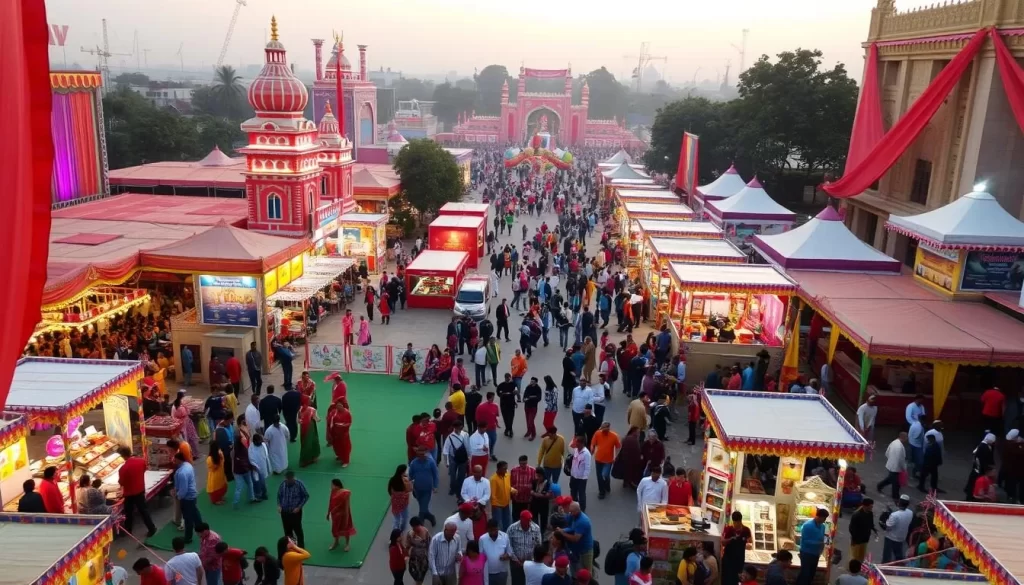 Generate an image of the Lucknow Mahotsav festival grounds with cultural performances and exhibition areas.