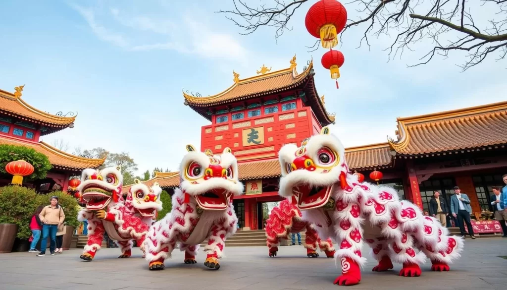 Generate an image of the Lunar New Year celebration at Lan Su Chinese Garden, including lion dances and lantern viewing.