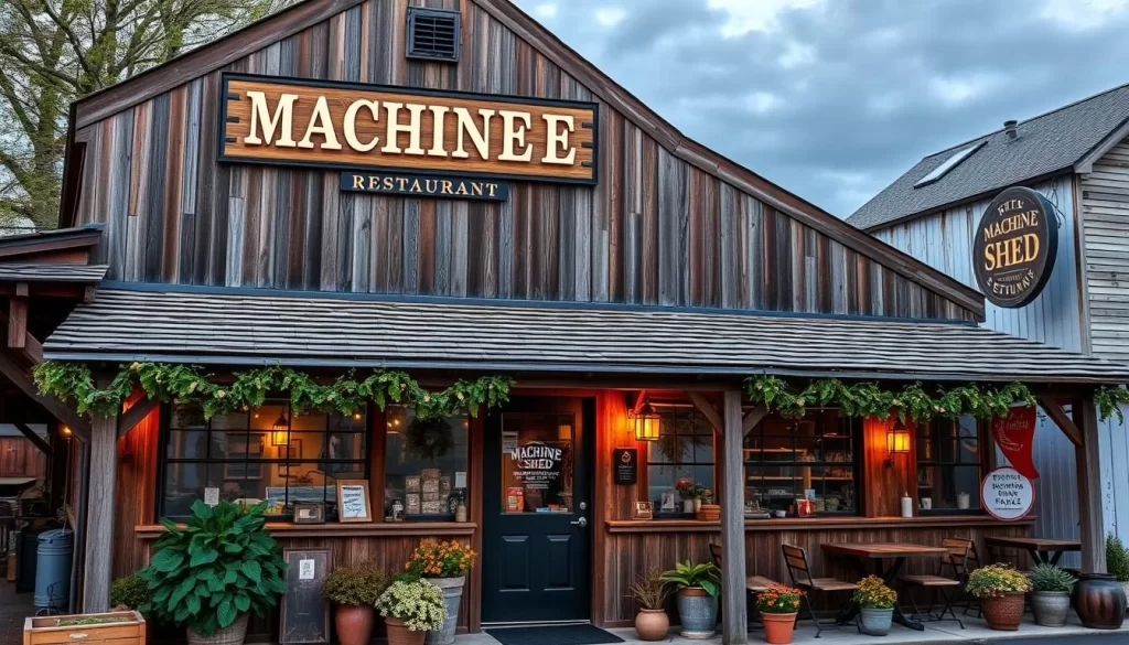 Generate an image of the Machine Shed Restaurant's exterior, showcasing its farm-themed décor. Generate an image of the Machine Shed Restaurant's exterior, showcasing its farm-themed décor.