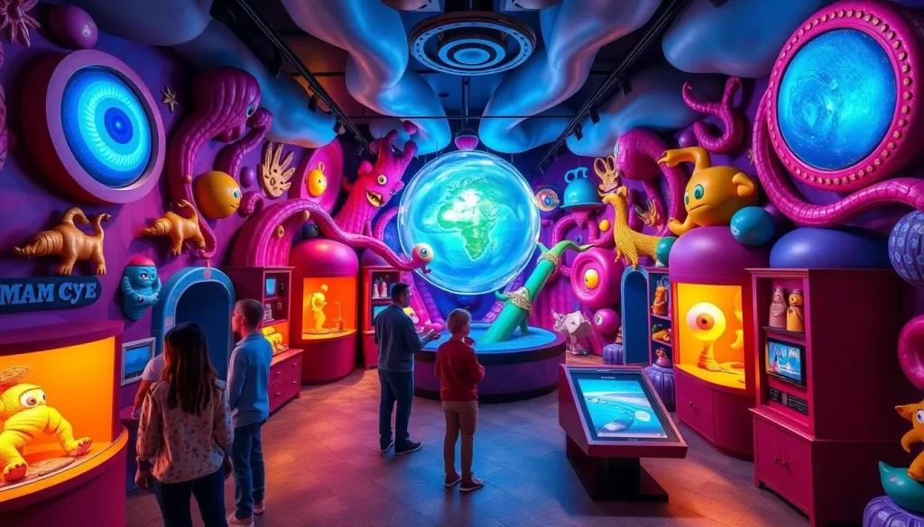Generate an image of the Magic Eye 3D Museum's interior, showcasing its interactive and colorful 3D art.