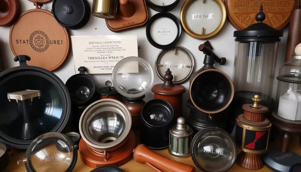 Generate an image of the Maine Lighthouse Museum's collection, featuring historic lighthouse lenses and artifacts.