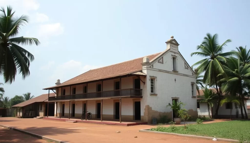 Generate an image of the Maison du Peuple building in Aneho, Togo, showcasing its colonial architecture.