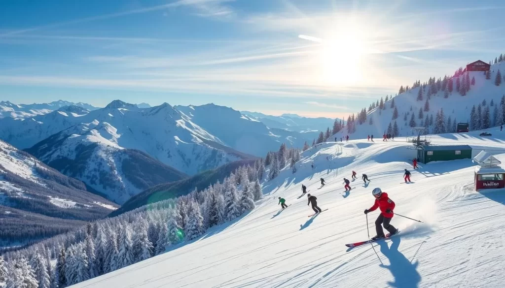 Generate an image of the Malbun Ski Resort with slopes covered in snow and skiers in action.
