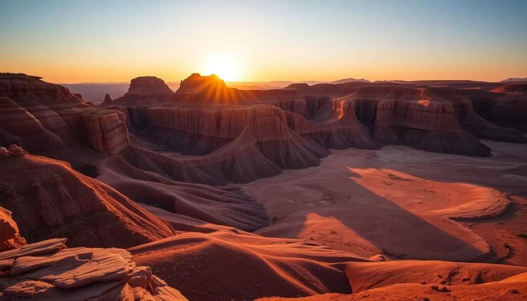 Generate an image of the Marafa Depression at sunset, showcasing its vibrant rock formations and dramatic shadows.