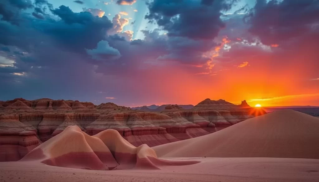 Generate an image of the Marafa Depression at sunset, showcasing its vibrant sandstone formations.