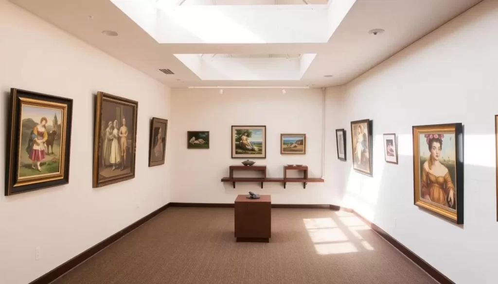 Generate an image of the Marianna Kistler Beach Museum of Art's second-floor gallery with art pieces on display