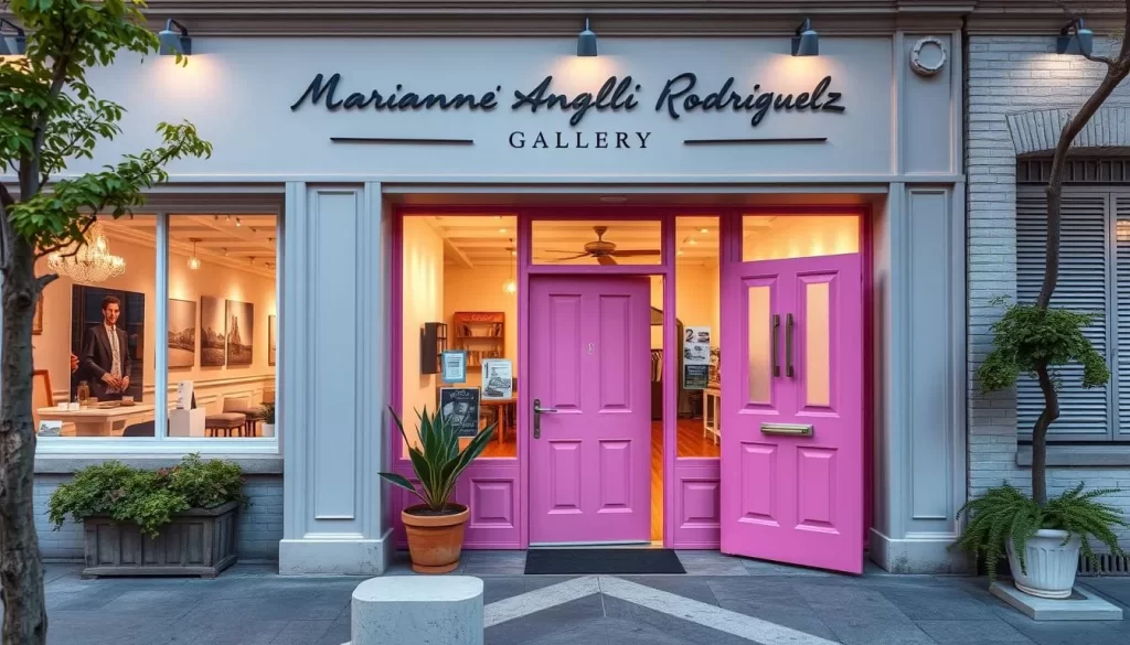 Generate an image of the Marianne Angeli Rodriguez Gallery's exterior, showcasing its distinctive pink door.