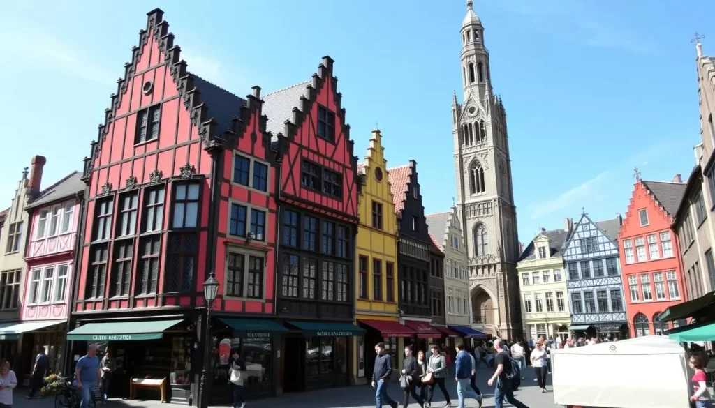 Generate an image of the Markt (Market Square) in Bruges, showcasing its colorful guild houses and the iconic Belfry.