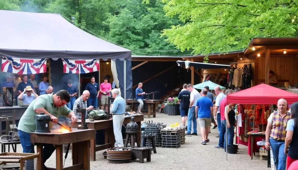 Generate an image of the Maryland Iron Festival at Catoctin Furnace, showcasing blacksmithing demonstrations and vendors selling handcrafted ironwork.