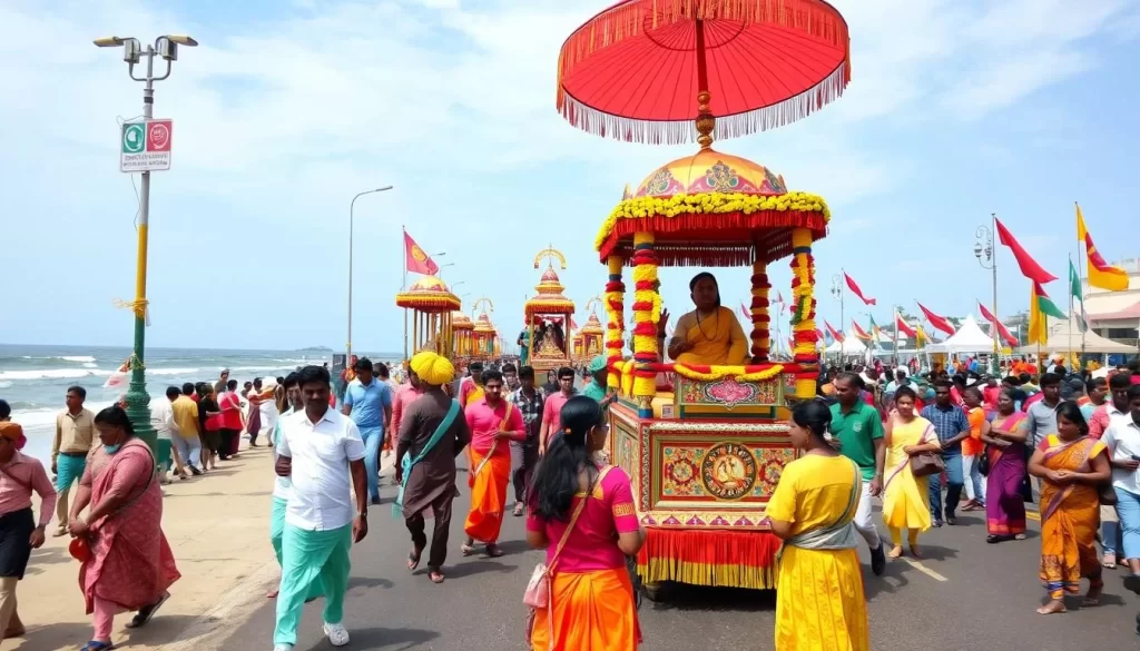 Generate an image of the Masimagam Festival procession at Promenade Beach, Puducherry