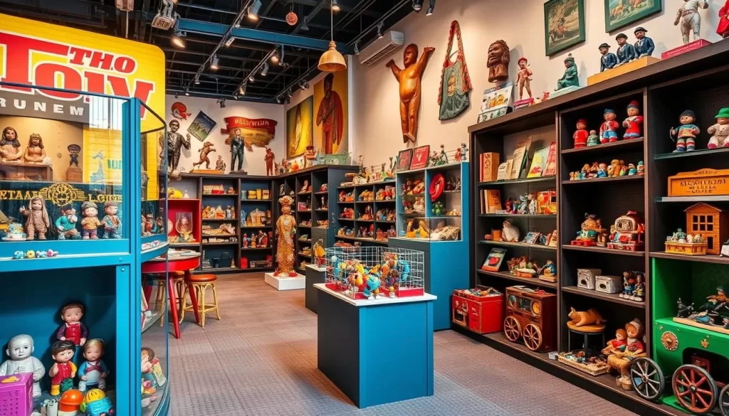Generate an image of the Mechelen Toy Museum's vibrant and interactive exhibits, showcasing a variety of toys from different eras.