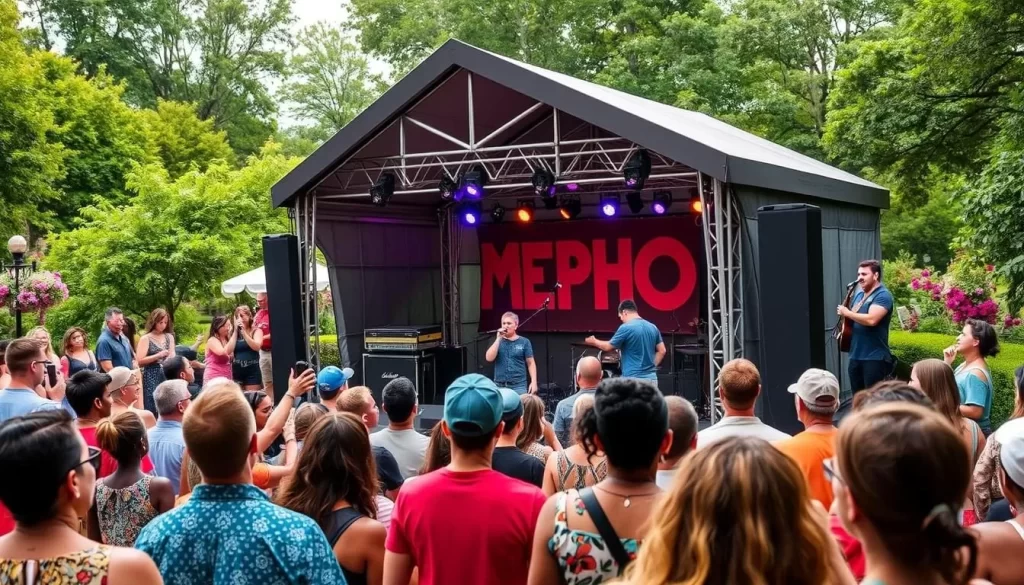 Generate an image of the Mempho Music Festival at the Memphis Botanic Garden, featuring a live performance.