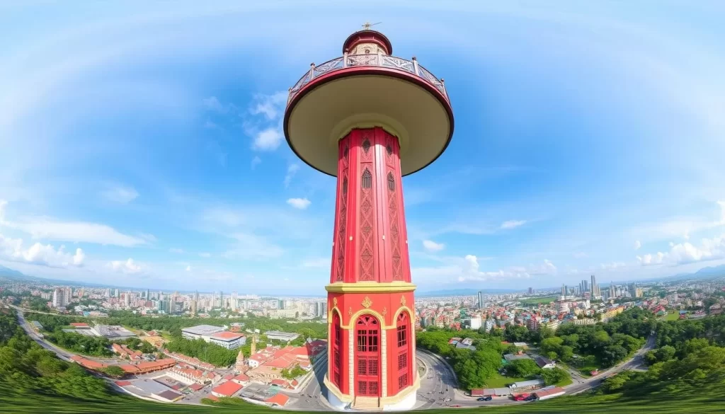 Generate an image of the Menara Taming Sari revolving tower with a 360-degree view of Malacca.