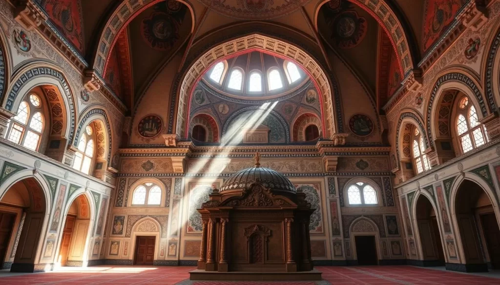 Generate an image of the Mevlana Museum's interior, showcasing Rumi's tomb and the surrounding architecture.