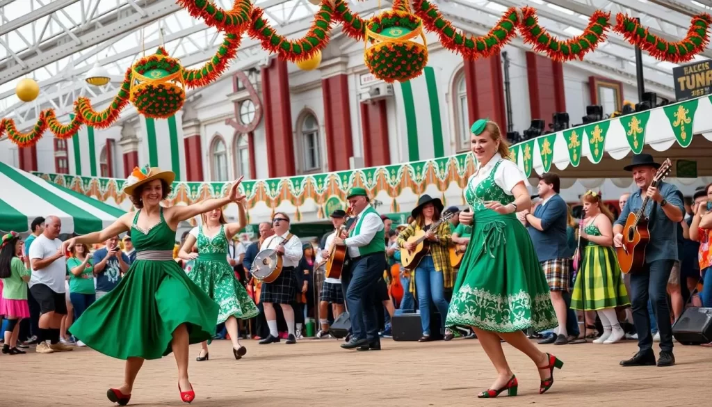 Generate an image of the Milwaukee Irish Fest with Irish dancers and musical acts.