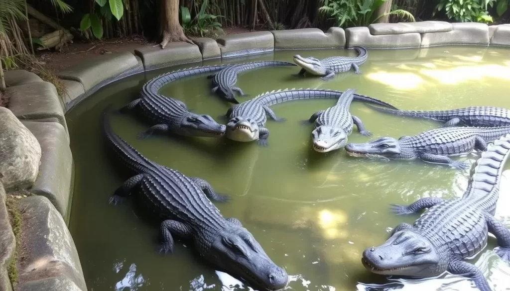 Generate an image of the Miri Crocodile Farm's natural breeding enclosure with crocodiles.