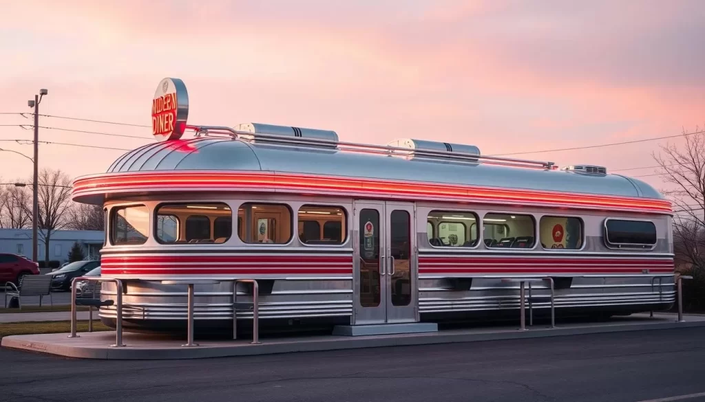 Generate an image of the Modern Diner's exterior, showcasing its distinctive Sterling Streamliner design.