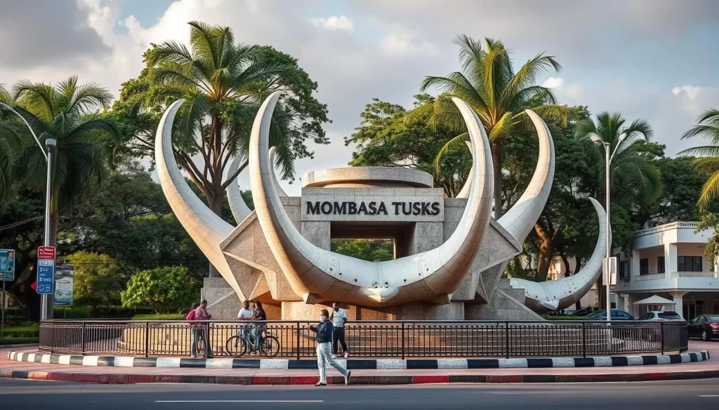 Generate an image of the Mombasa Tusks monument at the entrance of Mombasa's city center.