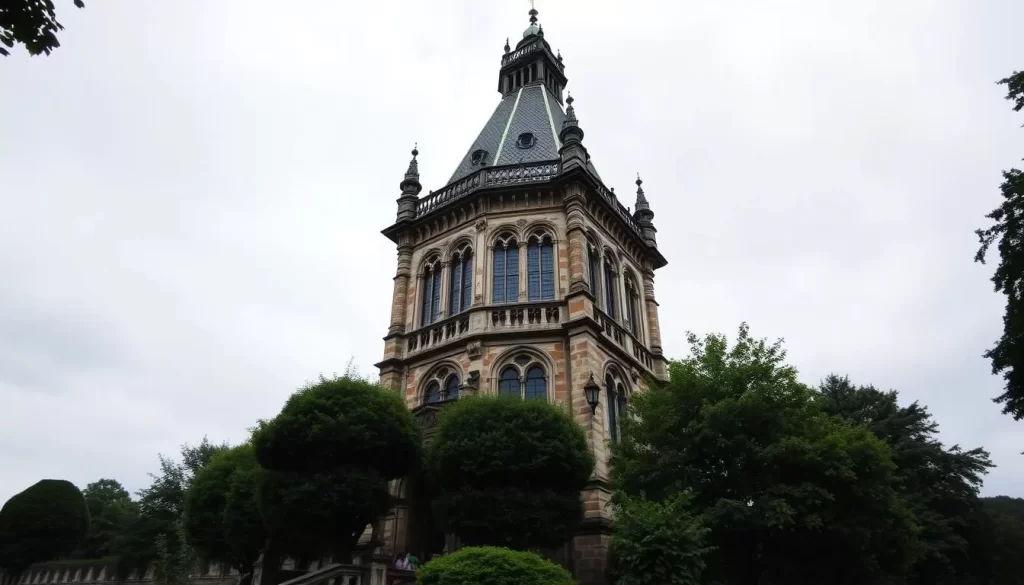 Generate an image of the Mons Belfry, a Baroque-style tower standing tall in the gardens of the former Counts of Hainaut.
